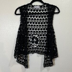 Emma G black crocheted vest. Sleeveless. Size L/XL.